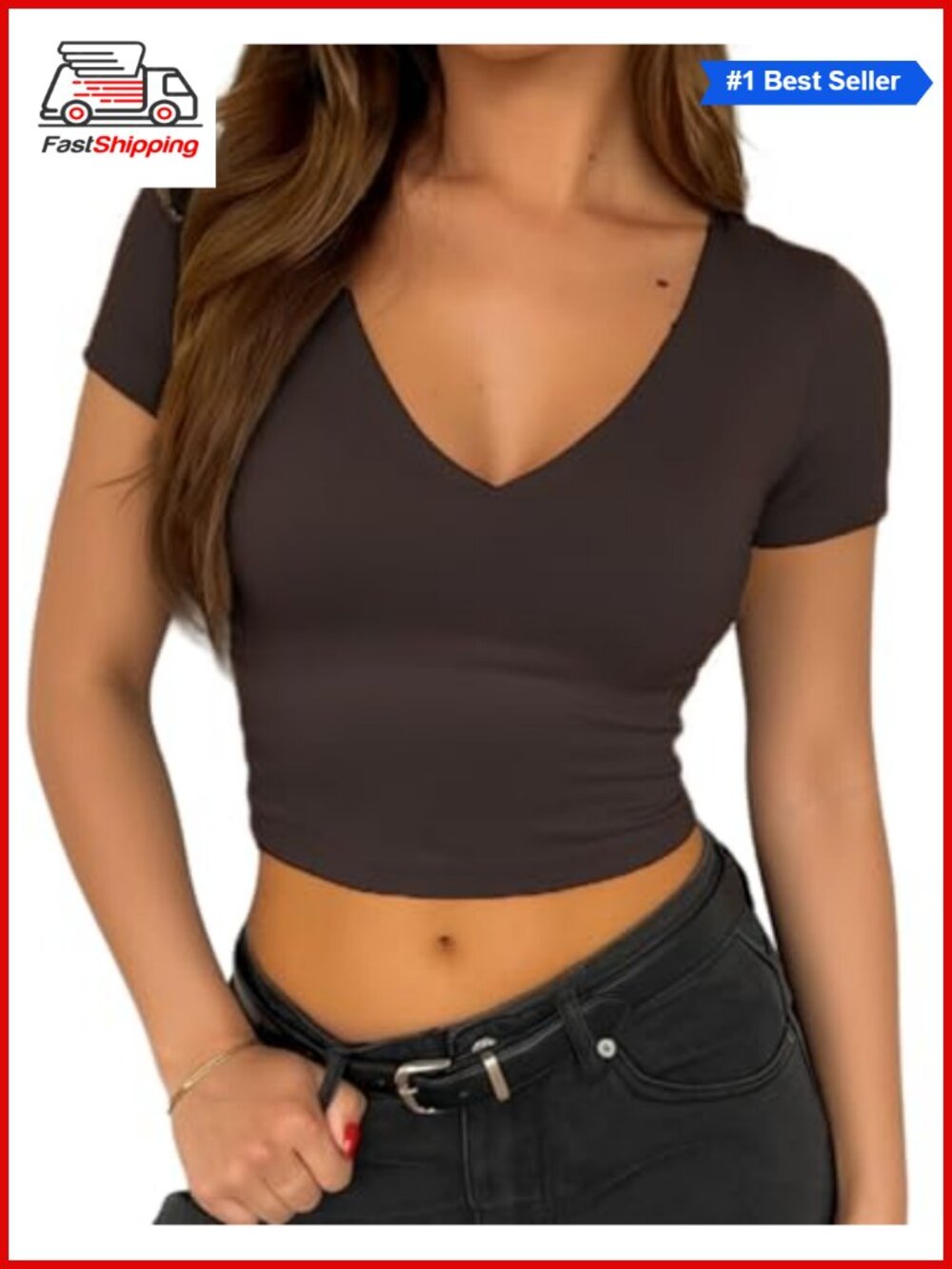 ✨ Womens V Neck Short Sleeve Crop Top Double Lined Slim Fit Basic Tee Y2K Going